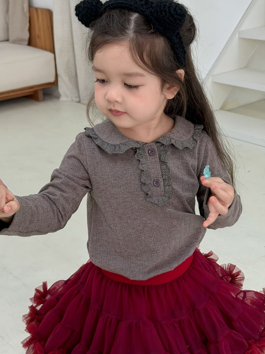 DAZY Infant (Girl) Casual Long Sleeve Top With Turn-Down Collar And Ruffle Trim - Coffee Brown - View 1