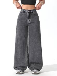 Jeanoix Y2K Millennium Style Plus Size Women's Washed Grey Wide Leg Jeans, High Waist Loose Streetwear Denim Pants - Grey - View 1