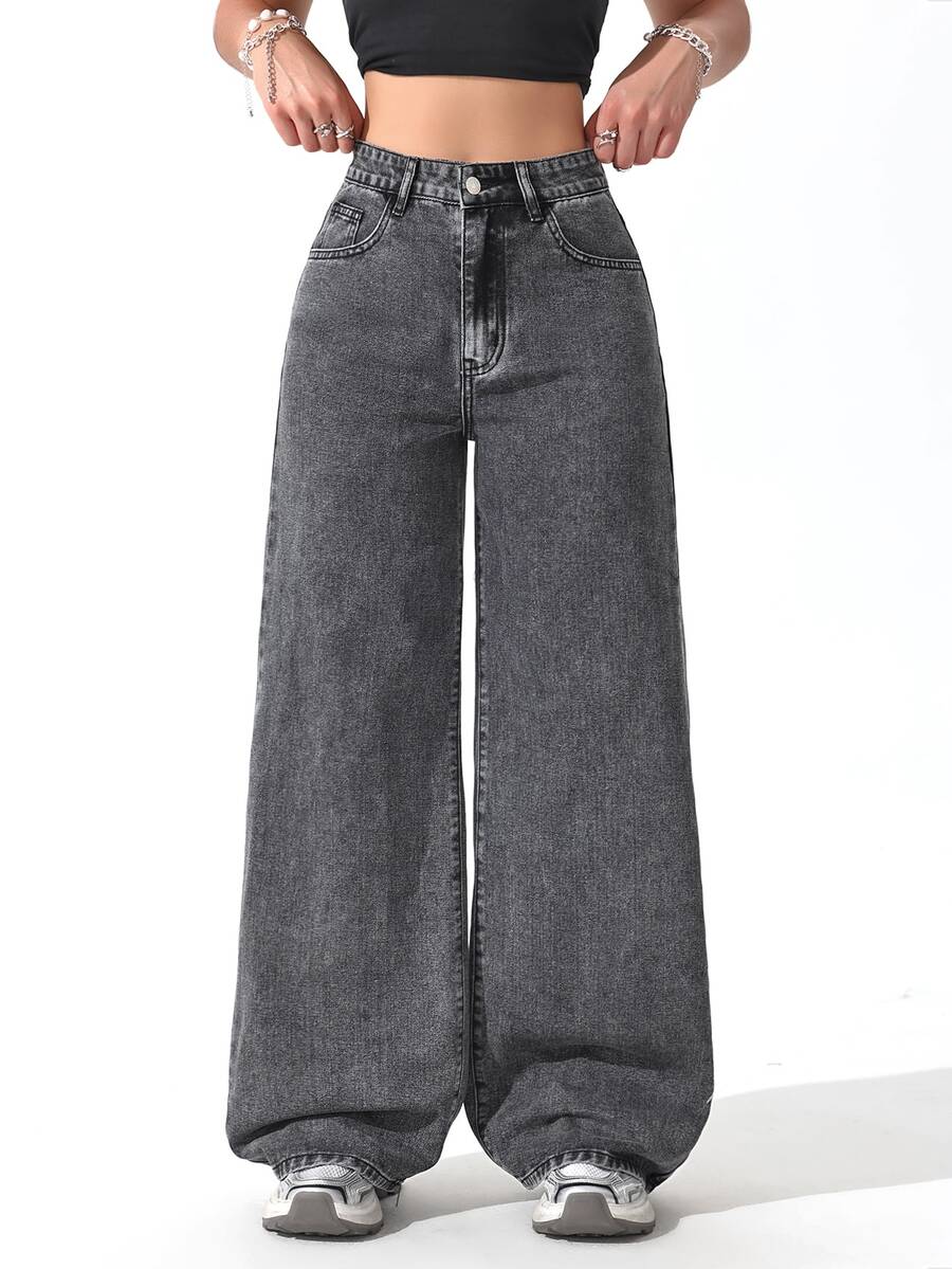Jeanoix Y2K Millennium Style Plus Size Women's Washed Grey Wide Leg Jeans, High Waist Loose Streetwear Denim Pants - Grey - View 1
