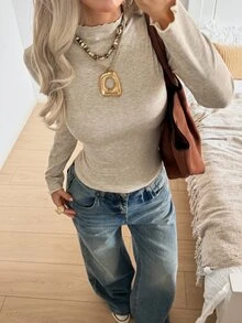 SHEIN EZwear Women's Solid Color Long Sleeve Rayon Slim Fit Base Layer T-Shirt - Apricot - View 6