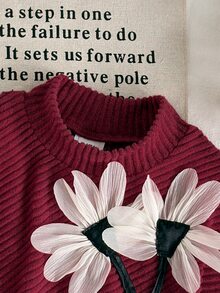 SHEIN Playful Pals 女嬰春秋冬季休閒親子套裝 T-shirt，不對稱套頭長袖高領刷毛淺酒紅羅紋布料 3D 花朵 - 酒紅色 - 查看 6