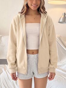 少女杏色休閒運動衫，秋季拉鍊連帽衫，冬季運動衫，極簡寬鬆版型，返校女童校服 - 杏色 - 查看 6