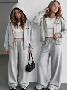 SHEIN 12-16歲青少年女孩灰色白色蝴蝶結印花抓絨運動套裝，羅紋背心、拉鍊連帽外套、寬腿運動長褲，秋冬休閒街頭風禮物 - 淺灰色 - 查看 3