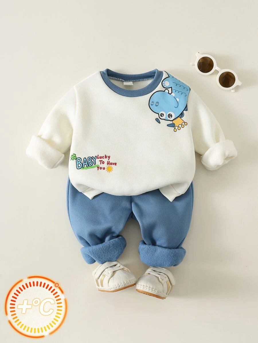 SHEIN Baby Boy Cartoon Dinosaur Pattern Knitted Soft Crew Neck Long Sleeve Pullover Sweatshirt And Elastic Waist Long Pants 2 Pieces Set - Multicolor - View 1