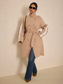 SHEIN PETITE Jaket Trench Coat Kasual Serbaguna dengan Ikat Pinggang dan Desain Blok Warna untuk Wanita - Khaki - View 4