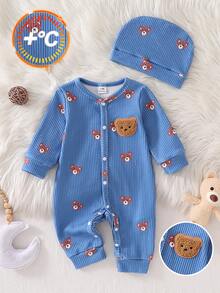 SHEIN Newborn Beige Bear Pattern Long Sleeve Long Pants Romper & Hat Set - Dusty Blue - View 7