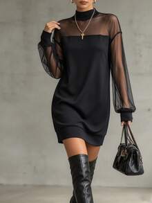 SHEIN PETITE Black Sheer Patchwork Mid-Neck Petal Sleeve Mini Dress - Black - View 3