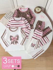 Souflis Souflis 2件組幼女上衣+內搭褲，可愛甜美粉色白色棕色豹紋蝴蝶結條紋長袖圓領，適合學校派對、秋季假期，獨角獸時尚風 - 粉色 - 查看 2