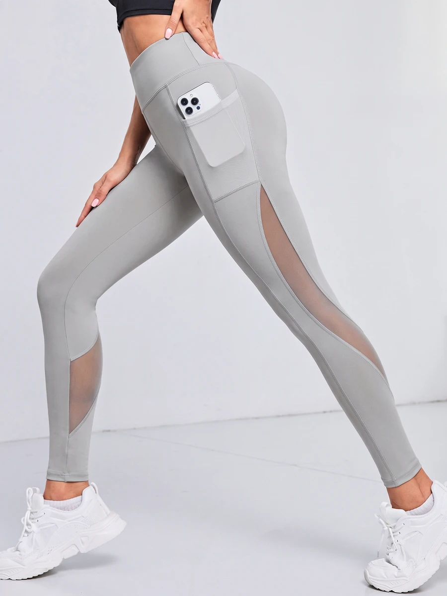 Exploreva Exploreva Women's Solid Color Contrast Mesh Pocket Sports Leggings - Light Grey - View 1