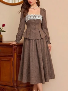Vintamour Women's Elegant 2 Pieces Set With Contrast Lace Single-Breasted Shirt And Skirt - Brown - View 4