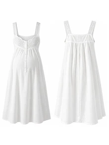 Moonlight&Mama Women's Floral Embroidered Hollow Button Design Pajamas, Loungewear Dress, Maternity Loungewear - White - View 3