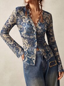 Bohemela Plus Size Women Floral Print Long Sleeve Single-Breasted Ruched Fashion Top - Blue - View 8