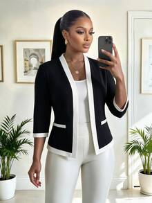 SHEIN Lady 大尺碼女款拼色休閒通勤旅行西裝外套 - 黑與白 - 查看 3