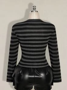 SHEIN ICON Plus Size Cutout Sexy Striped Colorblock Long Sleeve T-Shirt - Multicolor - View 2