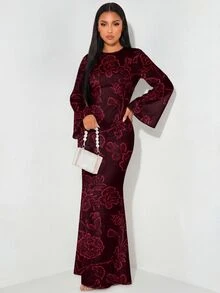 Veilorie Robe élégante pour femmes avec imprimé rose, manches longues, dos évasé, taille nouée et ourlet en queue de poisson - Blanc - Voir 1