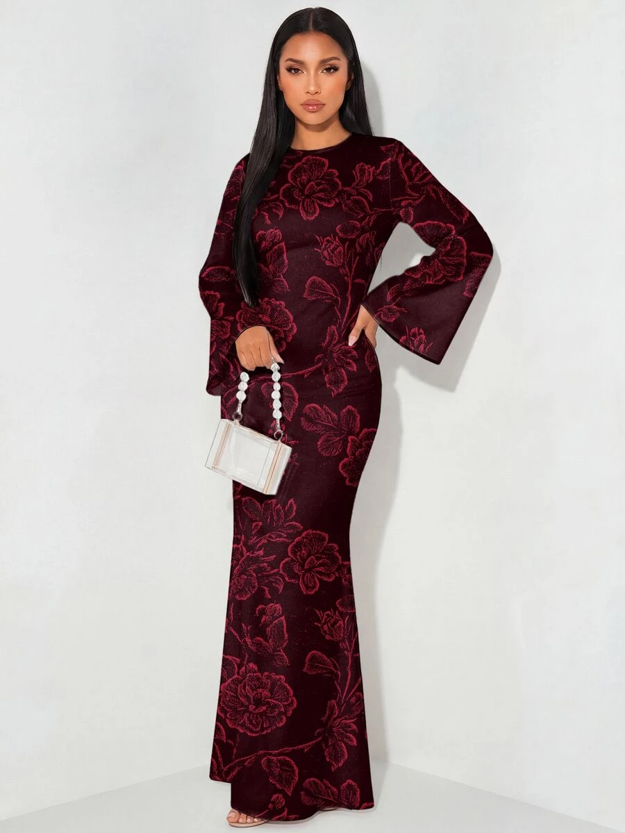 Veilorie Robe élégante pour femmes avec imprimé rose, manches longues, dos évasé, taille nouée et ourlet en queue de poisson - Blanc - Voir 1
