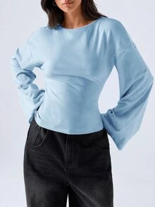 LYSMO 女款純色圓領落肩長袖休閒T恤 早午餐奶油白秋季款 - 淺藍色 - 查看 3