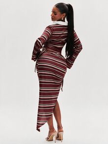 NYA SZN 女款設計師條紋拼接上衣與不對稱下擺裙套裝 - 紅色 - 查看 7