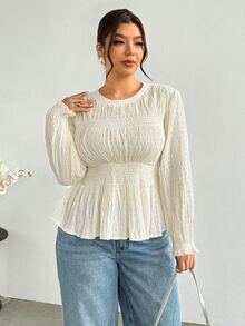 Firerie Plus Size Women's Solid Color Pleated Casual Daily Long Sleeve Shirt - Apricot - View 4