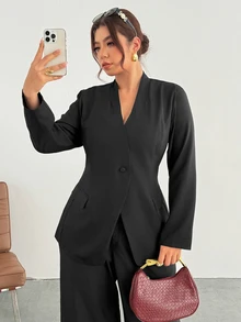 Firerie Plus Size Women's Spring/Autumn Elegant Fitted Blazer With Small Stand Collar, Single-Breasted Button, Pocket Design, Cinched Waist And Long Sleeves - Black - View 6