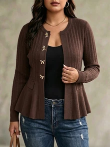 GlowEve CURVE Plus Size Women's Solid Color Casual Versatile Daily Wear Cardigan - Coffee Brown - View 4