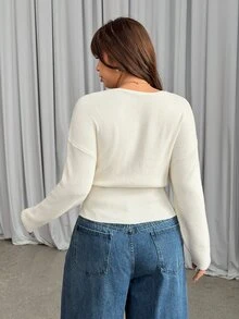 GalTyme Plus Size Women's Lace Patchwork Casual Daily Long Sleeve Sweater Winter - Beige - View 2