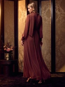 MOTF Soiréza ELEGANT LONG SLEEVE BEADED PLEATED EVENING DRESS - Brown - View 4