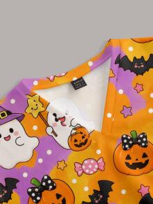 PopScrub Fun Halloween Pumpkin Ghost Orange & Purple Contrast Color Ghost Candy Doctor Nurse Scrub Uniform Top - Multicolor - View 3