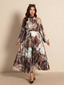 Elaquor Gaun Pesta Kasual Wanita Ukuran Besar dengan Motif Cetak Seluruh Permukaan - MultiWarna - View 1