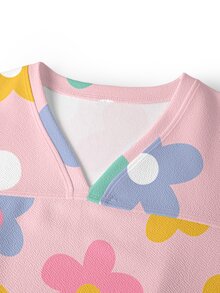 TaskEZ 可愛粉色印花V領上衣與長褲刷洗制服套裝 - 彩色 - 查看 6