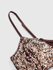ROMWE Women's Y2K Sexy Deep V Retro Cowl Neck Sequin 2 Pieces Backless Halter Tank Top (Includes Sequin Inner Layer) - Brown - View 3