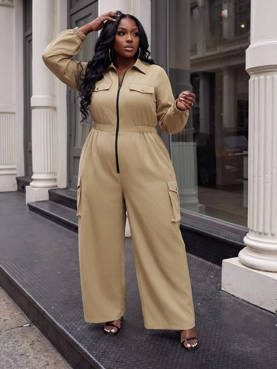 Slaydiva Plus Size Functional Style Cargo Jumpsuit, Long Sleeve Front Zipper Multi-Pocket Loose Streetwear One-Piece - Khaki