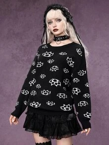 ROMWE Dark Gothic Halloween Ghost Face Jacquard Distressed Design Crew Neck Pullover Loose Fit Sweater - Black and White - View 4