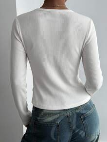 Livesso Women's Solid Color Long Sleeve Single-Breasted Casual Ribbed T-Shirt - White - View 2