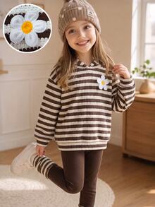 2pcs/Set Girls' College Style Striped 3D Flower Long Sleeve Knit Hoodie & Pants Set, Casual Daily Wear, Autumn - Multicolor - View 4