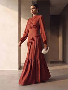 Vesra Women's Bubble Sleeve Pleated Long Dress - Red - View 7