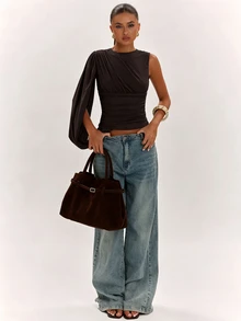 SHEIN BAE Women's Autumn Olive Green Elegant One-Shoulder Asymmetrical Ruched Puff Sleeve Top, Suitable For Commuting, Casual, - Coffee Brown - View 3