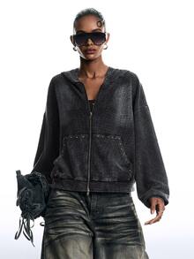 LYSMO Women's Fashion Punk Street Style Rivet Decor Zipper Front Drop Shoulder Loose Washed Sweatshirt - Black - View 4