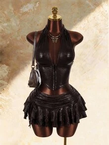 Amplova 女款 2 件組 性感前衛綁帶領上衣與超低腰裙套裝 - 棕色 - 查看 3
