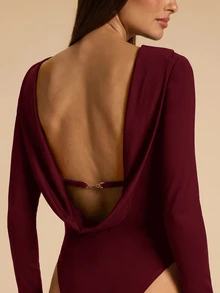 SHEIN BAE 女款純色露背長袖時尚休閒連身衣 - 酒紅色 - 查看 6