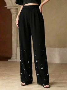 Modelyn Women's Gradient Pearl Decor Straight Leg Pants With Pockets, Elegant For Party And Banquet Wear Black Vintage Fall/Winter Formal - Black - View 5