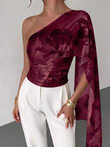 Firerie Women's One Shoulder Floral Print Ribbon Top - Burgundy - View 6
