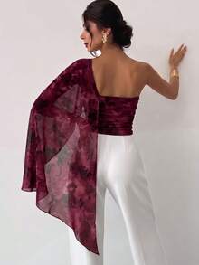 Firerie Women's One Shoulder Floral Print Ribbon Top - Burgundy - View 2