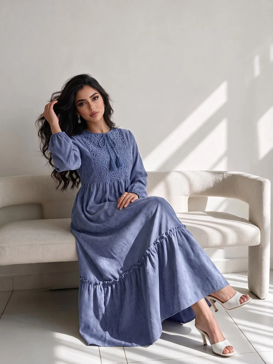 Yasmyna New Embroidered Patchwork Waist-Cinching Comfortable Loose Casual Vacation Daily Versatile Dress - Blue - View 1