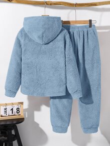 SHEIN Little Byeori 2件組男童冬季休閒返校穿搭套裝，抓絨半拉鍊連帽衛衣與寬鬆慢跑長褲，秋季加厚保暖校園套裝 - 霧霾藍 - 查看 2