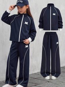 Girlism 兒童青少年女孩休閒新款秋冬時尚海軍藍與白色對比袖口貓咪圖案長袖拉鍊外套與長褲2件套返校季秋冬服飾開襟外套套裝 - 藍白色 - 查看 4