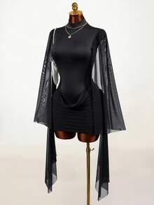 Mistrie Women's Contrast Mesh Bell Sleeve Pleated Fashion Sexy Backless Dress - Black - View 1