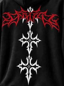 Manfinity EMRG Men's Black Hoodie With Red And White Contrasting Gothic Cross Print On The Back, Loose Drop-Shoulde - Black - View 3