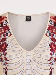SHEIN LUNE CURVE Plus Size Dark Gothic Floral & Bone Print Dress Fall - Red and White - View 3