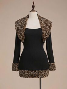 ROMWE Millennium Y2K Leopard Print Faux Fur Collar Cropped Knit Cardigan & Slim Fit Waist-Cinching Dress Plus Size 2 Pieces Set For Party And Birthday - Black - View 10